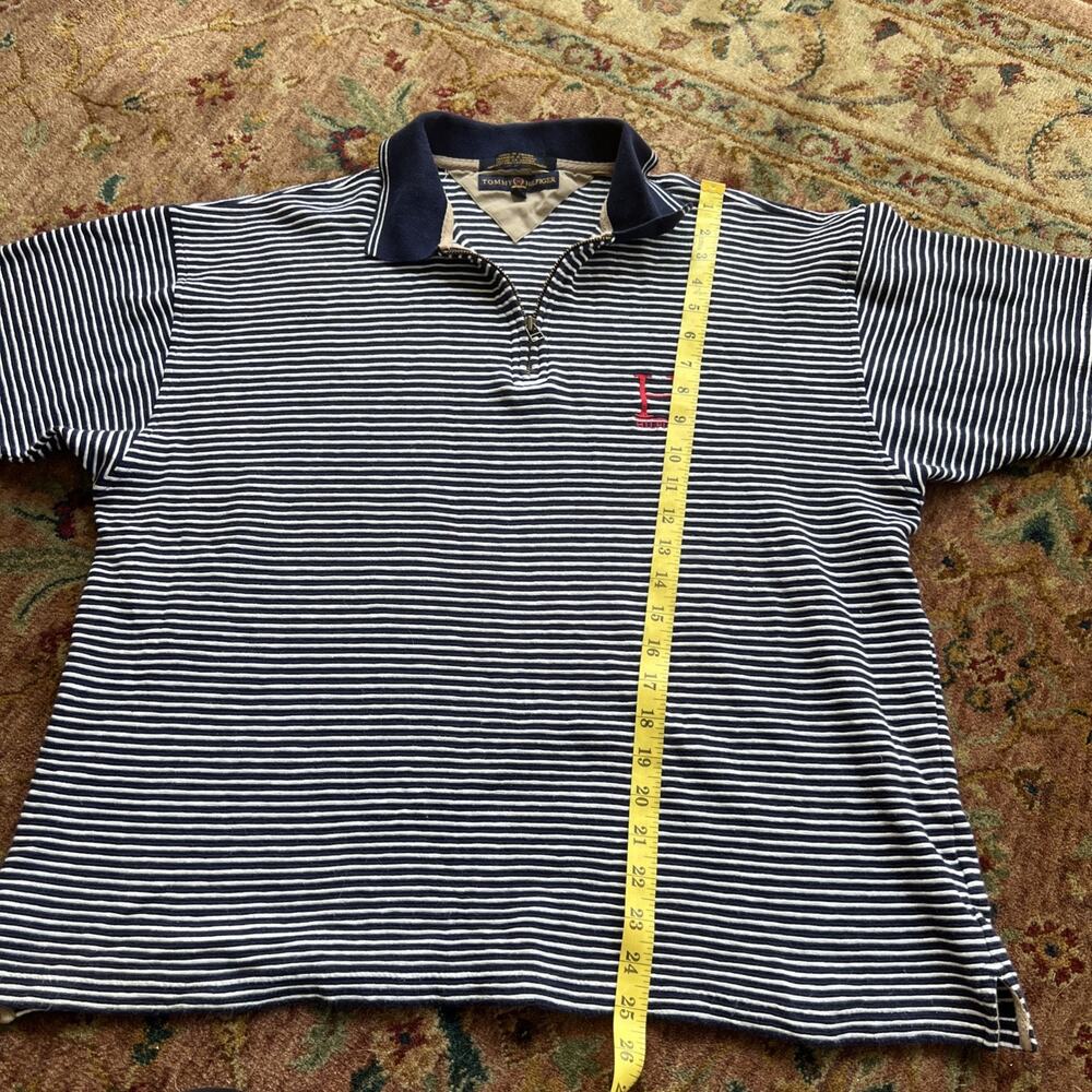 Vintage Tommy Hilfiger 1/4 Zip Striped Navy/White Polo Red Cotton Crest H Logo L - Picture 8 of 9